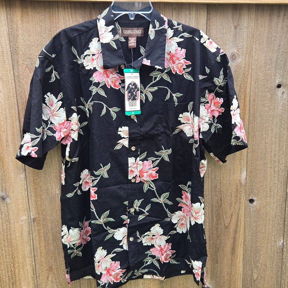 Cooke Street Men XL Hawaiian Shirt Black Floral Hibiscus 100% Cotton NWT Vacay